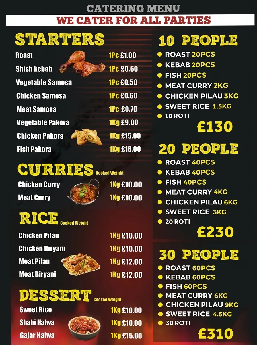 Catering menu: starters, curries, rice and desserts priced per piece or per kilo, plus party packages.