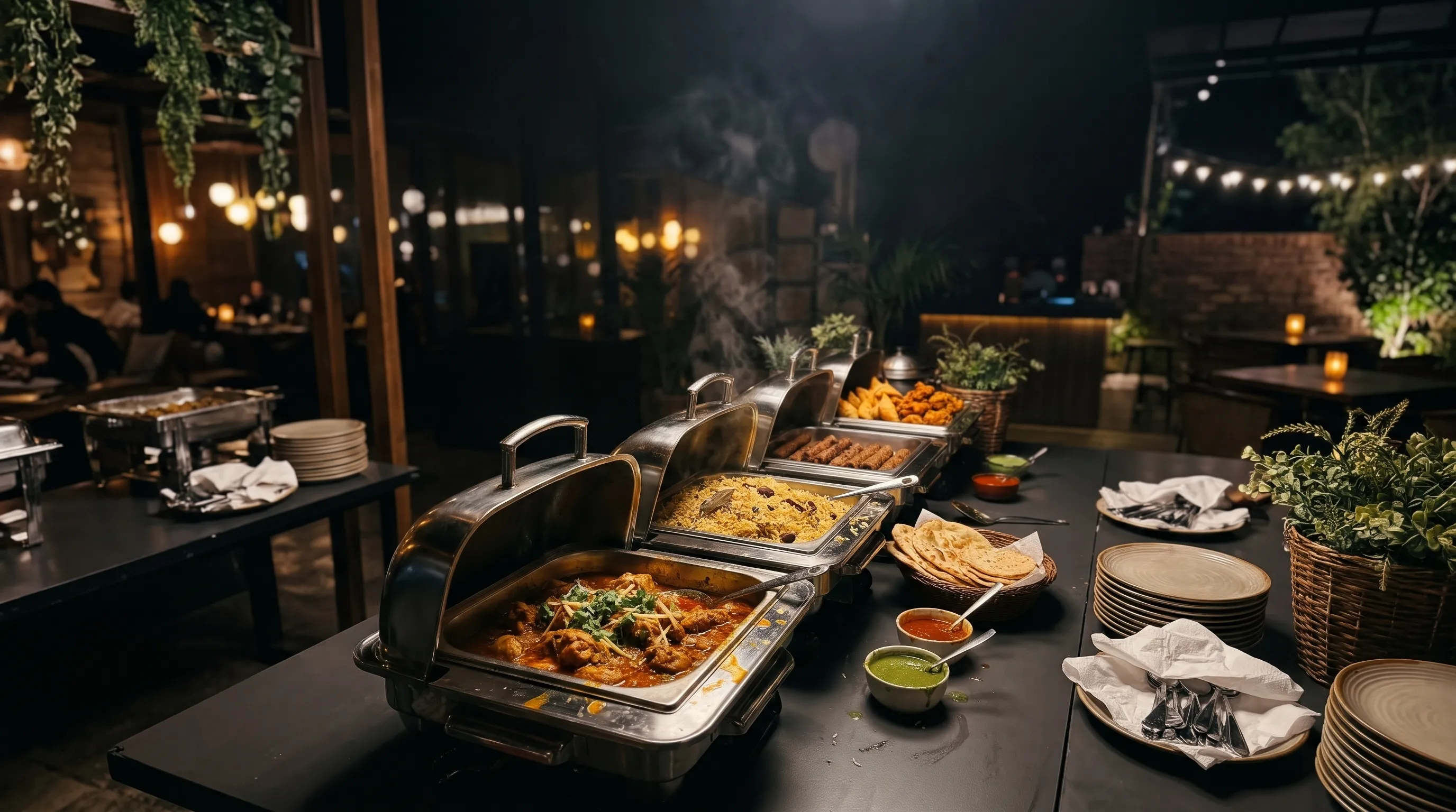 A buffet of chicken curry, pilau rice, shish kebabs, samosas and fresh roti in steel chafing dishes