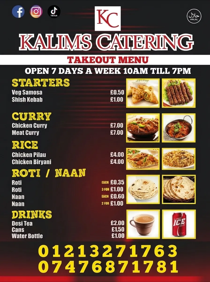 Takeout menu, open 7 days 10am to 7pm: samosas, kebabs, curries, rice, roti, naan and drinks.